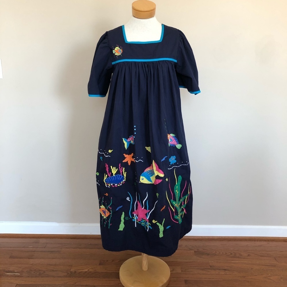 Embroidered Fish Dress Coastal Cottagecore Kaftan Ocean Sea Life Blue M